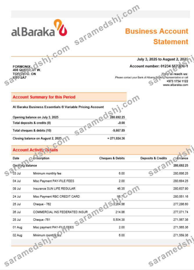 Al Baraka business bank  company account statement Word and PDF format